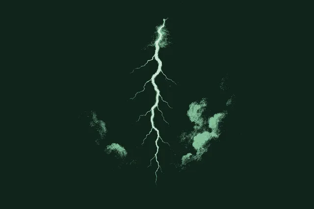 A single jagged bolt of lightning striking down through heavy storm clouds, rendered in muted warm cream against a deep forest green night sky, the bolt and the lit edges of the clouds catching sage green. Innovation looks like a lightning bolt, but rarely is.