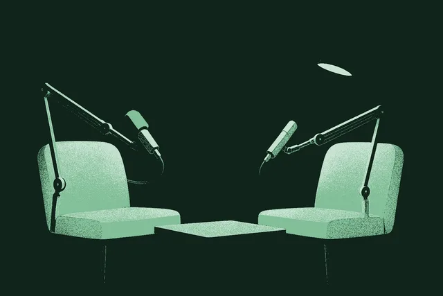 Two empty podcast chairs facing each other across a small table with two microphones under warm studio light, a faint city skyline through a window behind them, rendered in muted warm cream against a deep forest green studio, one microphone windscreen catching sage green. The conversation itself as the destination, a seat waiting for the listener.