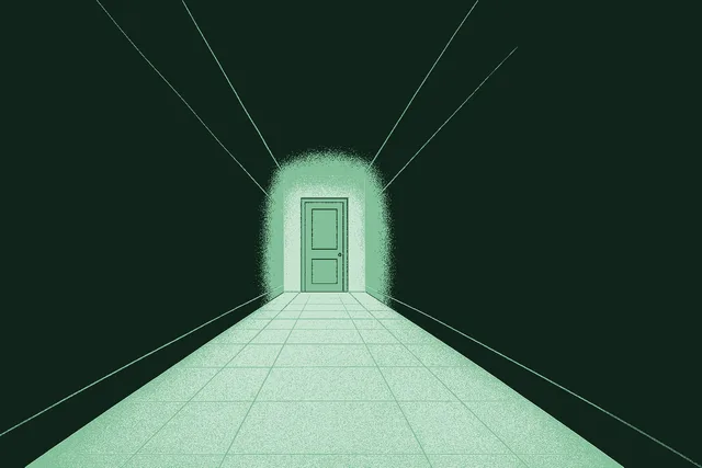 Editorial illustration of a long corridor extending into the distance toward a single closed door at the far end, slightly out of focus, evoking the cost of deferred decisions and time passing