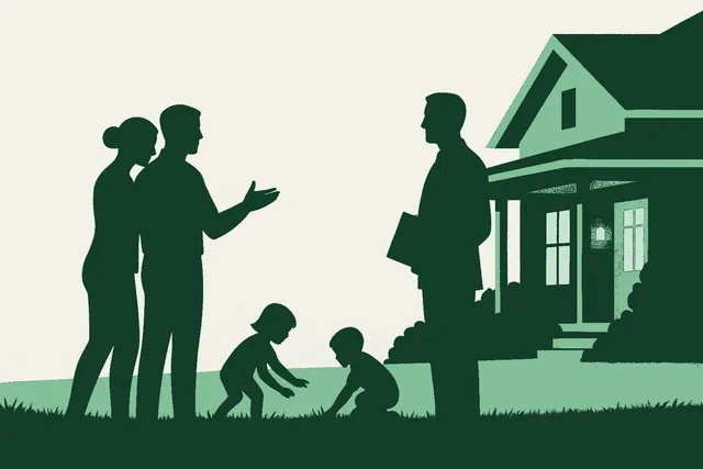 A family and their real estate agent in silhouette on the lawn outside a house they have just viewed, the father's hand open mid-sentence as if making an offer, the mother leaning close beside him, two children playing on the grass, and the agent listening with a folder ready. Rendered in warm cream, sage, and deep forest green.