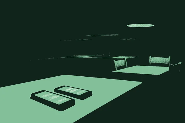 A wide modern kitchen at dusk with two phones lying face-up on the island, both glowing with chat interface light, and two empty chairs pulled away from a negotiating table off-frame, suggesting a deal paused while both parties consulted their AI.