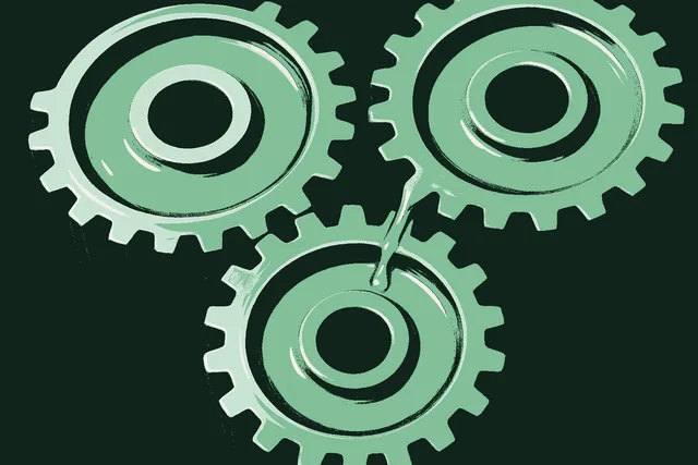 An extreme close-up of interlocking metal machine gears meshing together, coated in a glossy film of fresh oil that catches the light, a bright bead of oil sliding down one gear tooth, rendered in muted warm cream polished metal against a deep forest green machine housing with the wet oil sheen catching sage green. Friction removed, the machine moving smoothly.