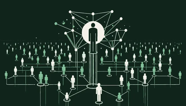 A single lead figure surrounded by a sage green constellation of interconnected nodes, with a wide field of unconnected figures behind, suggesting the new operator class in real estate AI