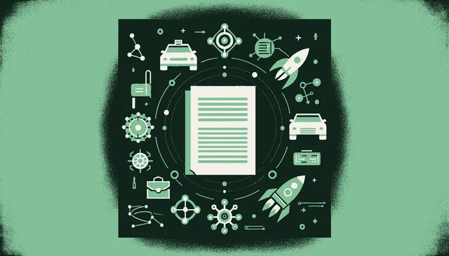 A static paper document at the center surrounded by orbiting motion lines of rockets, cars, and circuitry while the document sits frozen