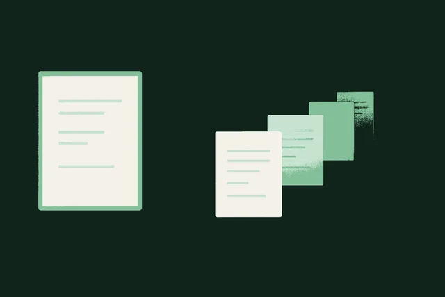 Editorial illustration of a receding row of identical document copies fading from front to back in muted warm cream against a forest-green background, with one clean single original document standing apart and catching accent sage green, evoking the difference between doing something once and duplicating it endlessly