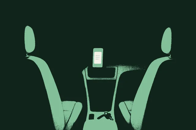 The interior of a parked car at dusk seen from the back seat, a smartphone glowing on the dashboard mount with an abstract document shape on screen, the driver's seat empty and keys still in the console, rendered in muted warm cream against a deep forest green interior with the phone glow catching accent sage green. The suspended urgency of the moment that happens in the car.