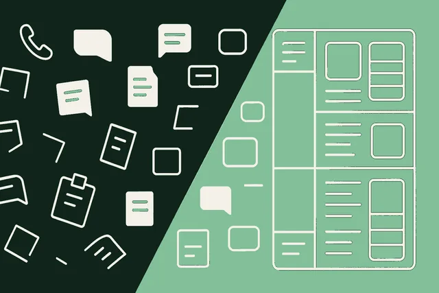 Editorial illustration of chaotic fragments of calls, texts, forms, and documents on the left resolving into a clean structured grid of workflow on the right, evoking real estate operational chaos becoming ordered architecture through AI