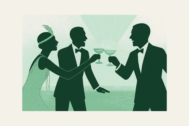 Three figures in silhouette in 1920s evening dress, a beaded gown with a feathered headband and two tuxedos, leaning in to clink coupe glasses of champagne in a toast, shoulders lifted in laughter, against an art deco sunburst and a marble floor catching the light. Rendered in warm cream, sage, and deep forest green.