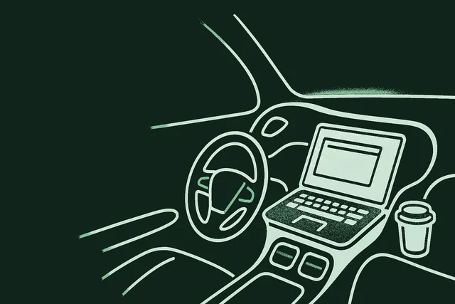 Editorial illustration of a car interior dashboard transforming into a mobile workspace, with a faint outline of an old desktop computer and keyboard receding into the dark background, evoking the gap between where real estate agents actually work and what their software assumes