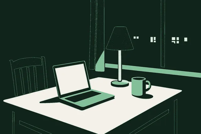 A kitchen table at night with a laptop open, a warm lamp casting a soft pool of light across the table surface, and a dark suburban street visible through the window behind it.