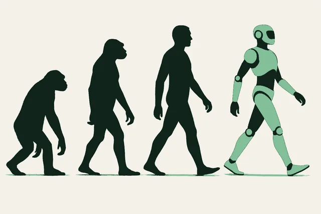 The iconic march-of-progress evolution sequence rendered in deep forest green silhouettes walking left to right across a warm cream background: ape, early hominid, upright human, and finally, as the last and most advanced figure, a sleek humanoid robot in sage green with soft mint highlights. The technology is the one that has evolved to keep up.