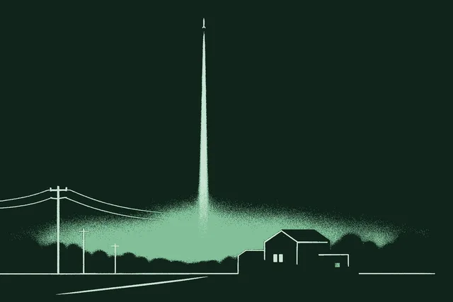 Editorial illustration of a single rocket contrail rising through a dark sky, with ordinary infrastructure (power lines, roads, small buildings) visible in shadow on the ground far below, evoking the contrast between spectacle above and quiet infrastructure beneath