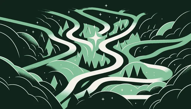 Multiple paths diverging from a single starting point with one path glowing brighter suggesting the willingness to choose an untested route