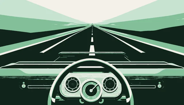 View from inside a vehicle on an open highway stretching to a vanishing point with an empty driver seat and green dashboard glow