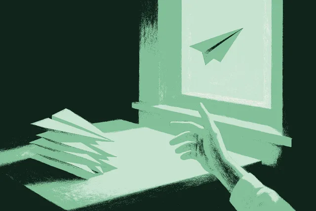 A hand releasing a paper airplane out an open window into bright morning air, with a desk behind it stacked with folded paper planes ready to follow, rendered in muted warm cream against a deep forest green room with the airborne plane catching accent sage green. The handoff: work released with confidence, more ready to go.
