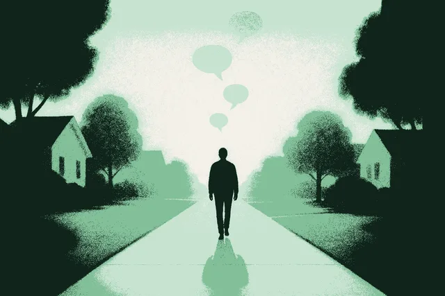 A quiet suburban sidewalk at sunrise with a single figure walking away from the viewer into the warm morning light, faint conversation bubbles above the path dissolving into the air, rendered in muted warm cream against a deep forest green dawn with the sunrise glow catching accent sage green. Yesterday's debate disappearing into today's expectation.