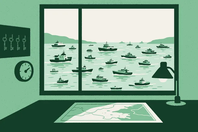 A harbour pilot's station at dawn, seen from inside looking out over a busy harbour. The room is orderly: a chart laid flat and weighted at its corners, a row of pegs each holding one key, a tide clock and a single lit lamp. Beyond the window many boats move in different directions at once. Rendered in warm cream, sage, and deep forest green.