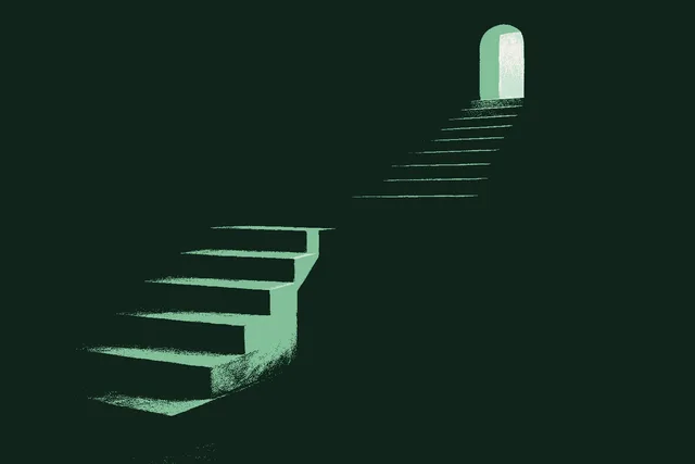 A long staircase ascending toward a small lit doorway, with a wide gap where the middle steps should be, a clean break between the lower stairs and the upper ones. Rendered in muted warm cream stairs against a deep forest green void, the doorway glowing sage green. The reachable path with the middle removed.