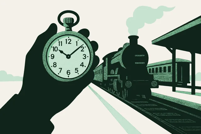 A railway conductor's pocket watch held in a dark green silhouetted hand on a sunlit station platform, a steam-era train waiting behind, rendered in warm cream, sage, and forest green. The watch generations of passengers set their plans by: right on time, every time.
