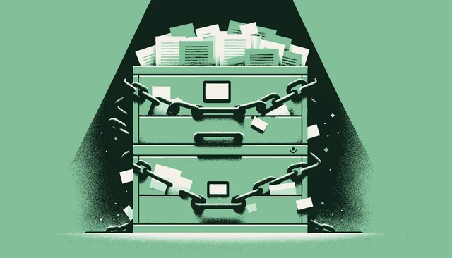 Heavy chains wrapped around an old filing cabinet with green light breaking through at the edges suggesting inertia being broken open