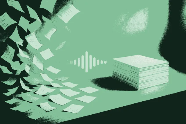 Scattered fragments of transaction paperwork on a warmly lit desk flowing and organizing themselves into a single clean, structured stack of documents, a soft sage voice waveform passing through them as the organizing force, rendered in muted warm cream against a deep forest green room. Technology handling the workflow around the agent rather than asking the agent to learn another system.