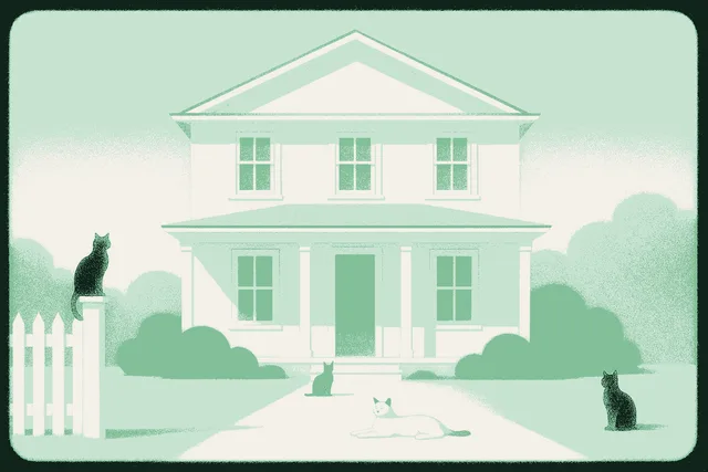 A warm, lived-in two-story family home behind a white picket fence in soft bright daylight, with four cats relaxed and at home: one on the fence post, one by the front door, one lying in the sunny grass, and one sitting on the lawn. Rendered in muted warm cream against deep forest green with the house catching accent sage green. A real home, where the people and their cats actually live, is something property data alone cannot capture.