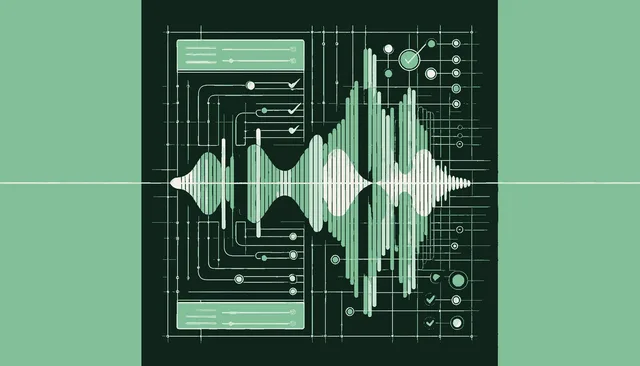 Sage-green voice waveform entering a structured form and resolving into completed fields and workflow steps, evoking workflow-specific voice AI