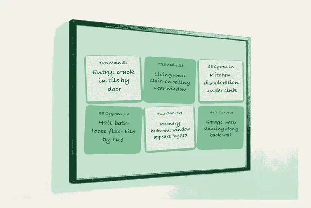 A cork pin board at a slight angle on a warm cream wall, holding six handwritten sticky notes in mint and sage. Each is headed with a property address, 123 Main St, 88 Cypress Ln or 412 Oak Ave, and carries a field observation: crack in tile by the entry door, stain on the living room ceiling near a window, discoloration under the kitchen sink, a loose hall bath floor tile by the tub, a fogged primary bedroom window, and water staining along the garage back wall.